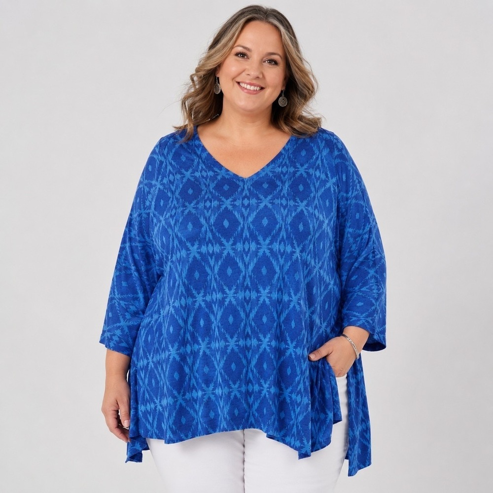 Soft Surroundings Tunic Top Womens 3X Blue Geometric Long Sleeve Stretch Casual
